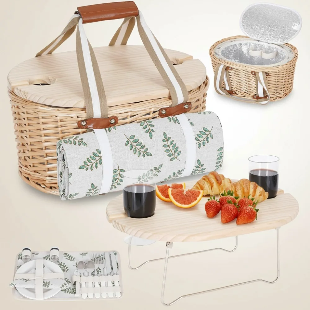 

Insulated Picnic Basket Set for 2 - Wicker Cooler with Waterproof Blanket & Wine Table, Perfect for Couples Outdoor Dates