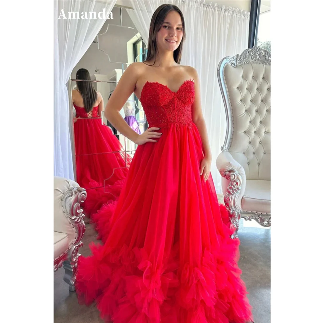 

Amanda Red Tulle vestidos de noche Strapless A-line Prom Dresses Elegant Sleeveless Floor-Length Long Train Formal Evening 2024