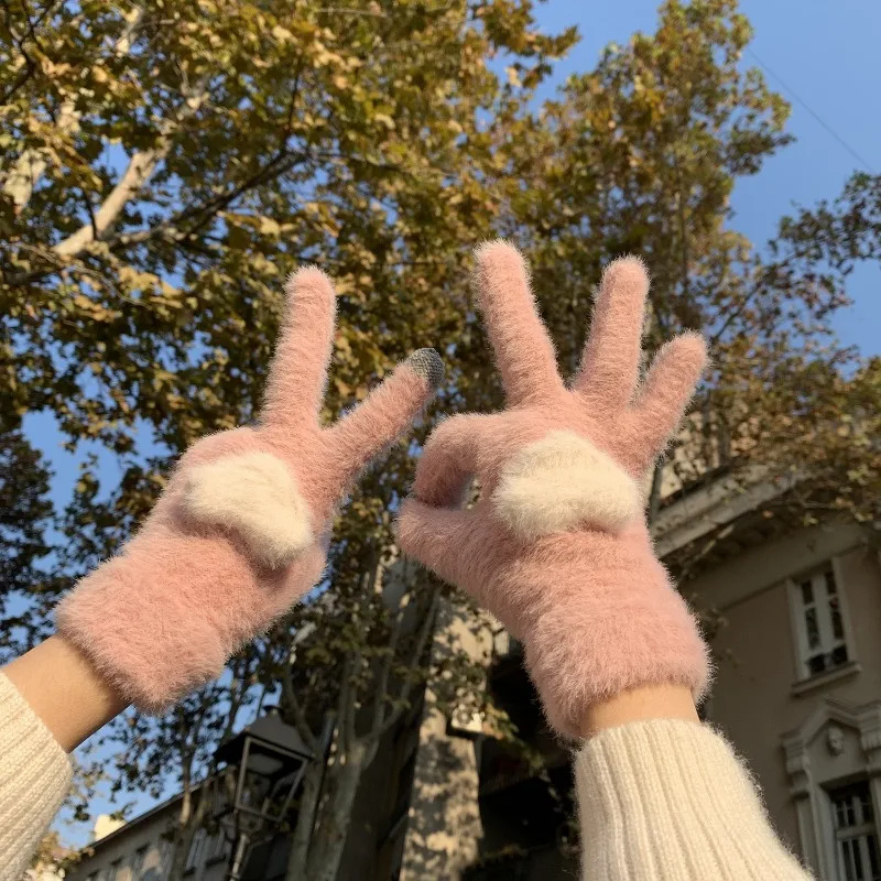 Guantes de amor para mujer con pantalla táctil Instagram, felpa gruesa, cálida, invierno, estudiante, ciclismo