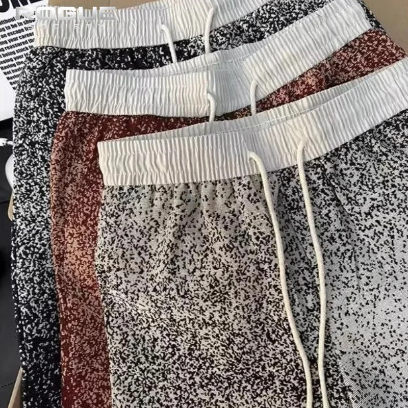 Summer Basic Fashion Shorts American High Street Speckled Print Men Casual Shorts Streetwear Drawstring Elastic Waist Loose Fit