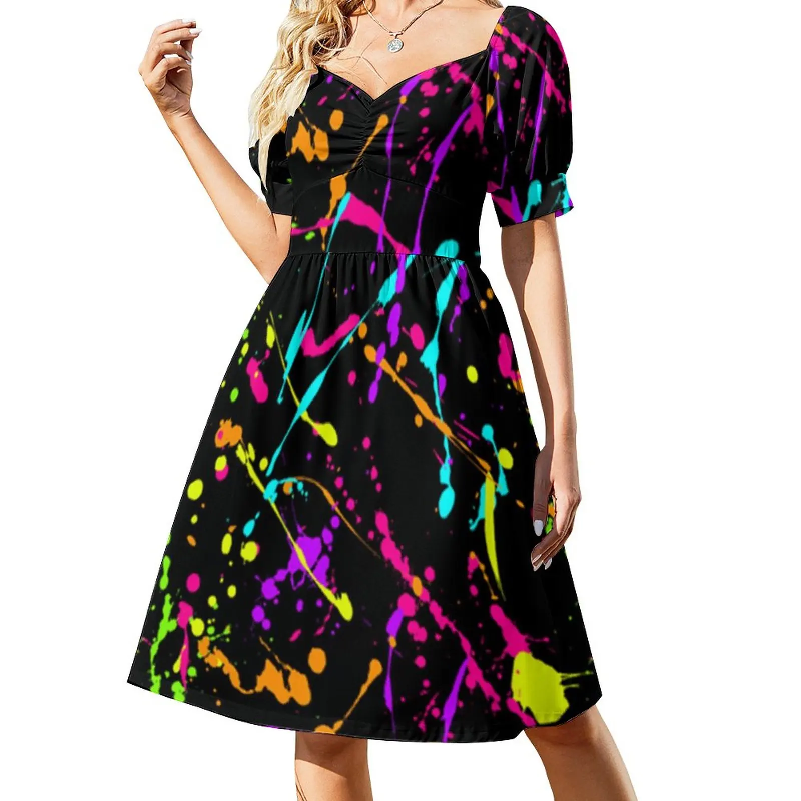 

Rainbow of Neon Paint Splatters Dress Sexy V Neck Elegant Dresses Women Street Fashion Printed Big Size Casual Dress Gift Idea