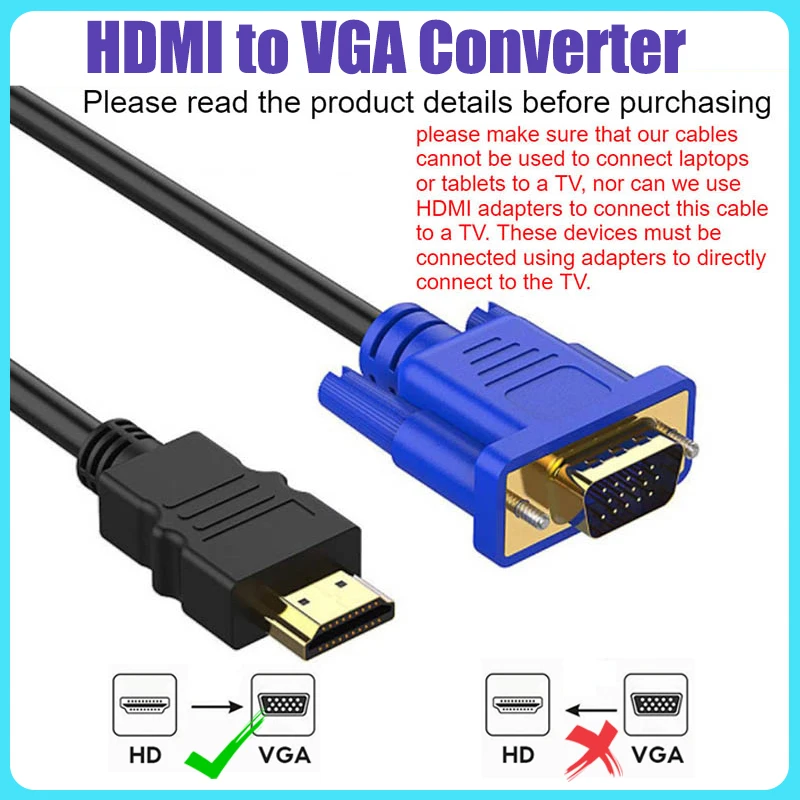 【Fast Delivery】HD 1080P HDMI to VGA Cable Adapter 1M/1.8M/3M High-Definition Video Converter For Projector Monitor Laptop PC TV