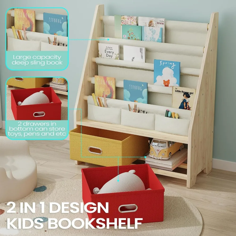 Scaffale per libri per bambini a 4 livelli, scaffale per libri in legno per bambini con Organizer per riporre i giocattoli,