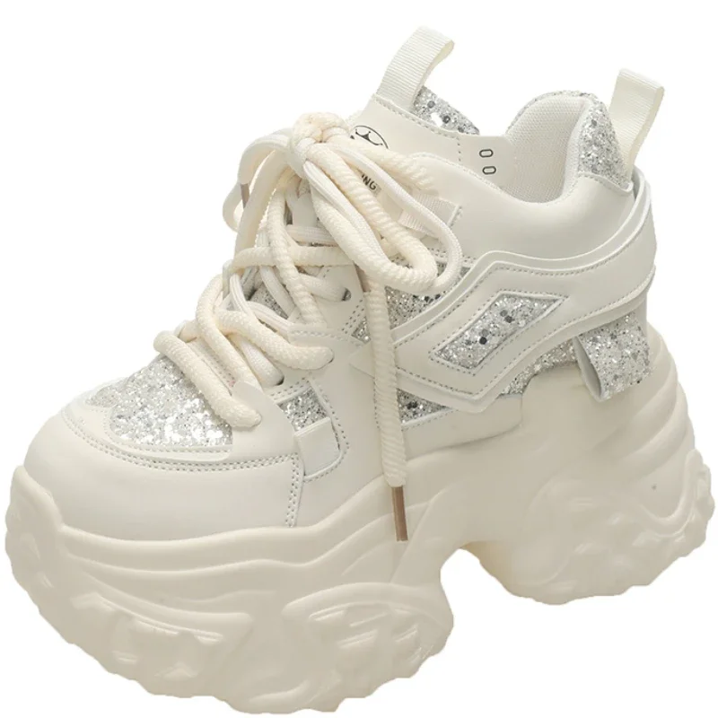 

Women High Platform Sneakers Bling Leather Sport Dad Shoes Trainers 11CM Casual Thick Bottom Chunky Sneakers Woman Zapatos Mujer