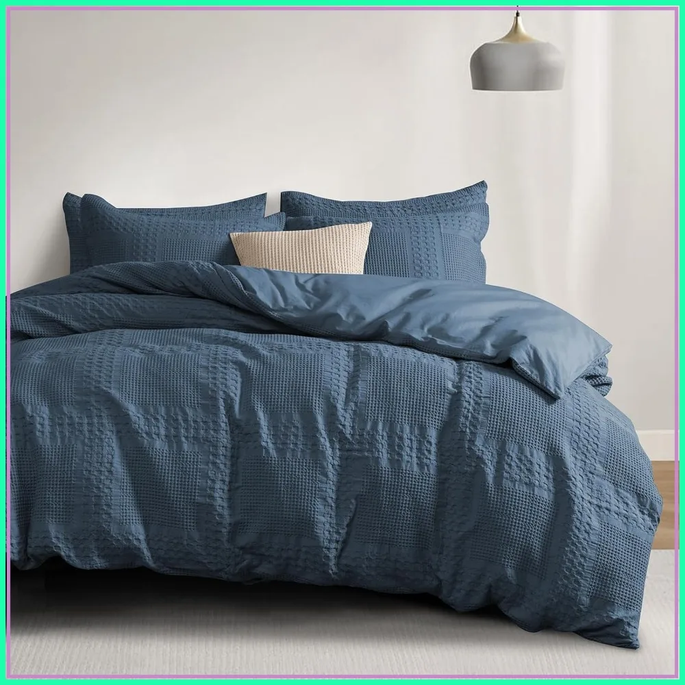 

King Size 100% Cotton Waffle Duvet Cover Set, 3 Pieces Soft Breathable All Season Comforter Cover with Pillow Shams, Navy Blue