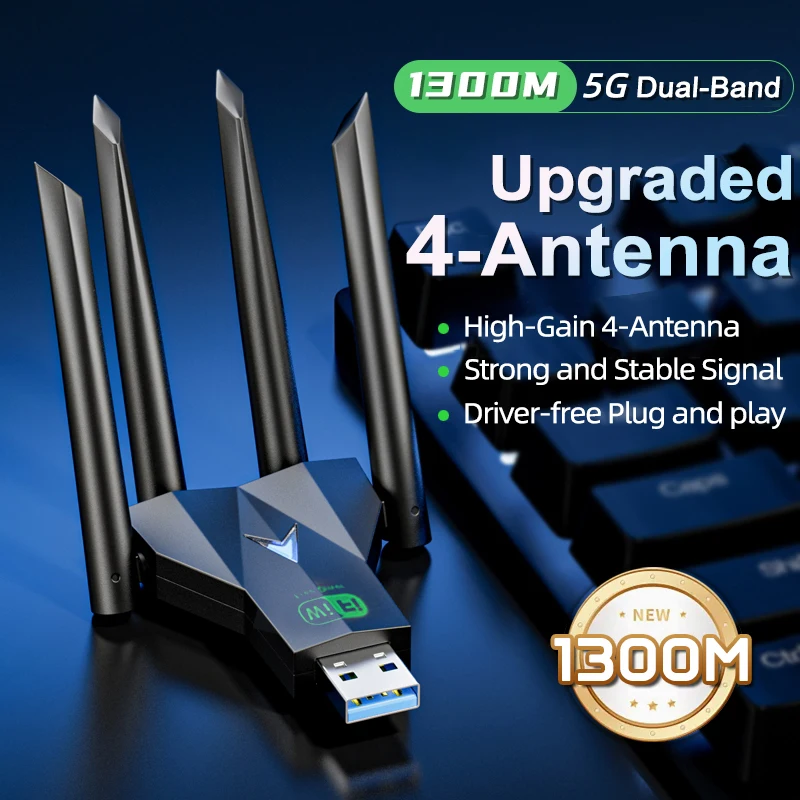

Обновление 4 антенны 1300 Мбит/с Wi-Fi USB 3.0 адаптер 2,4G/5GHZ двухдиапазонный Wi-Fi ключ Беспроводная сетевая карта 802.11AC для Win 10/11