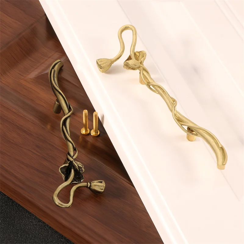 Elegant Brass Lotus Furniture Pull Handles Retro Bronze Long Cabinet Door Handle Drawer Knob For Kitchen Wardrobe Cupboard Pulls