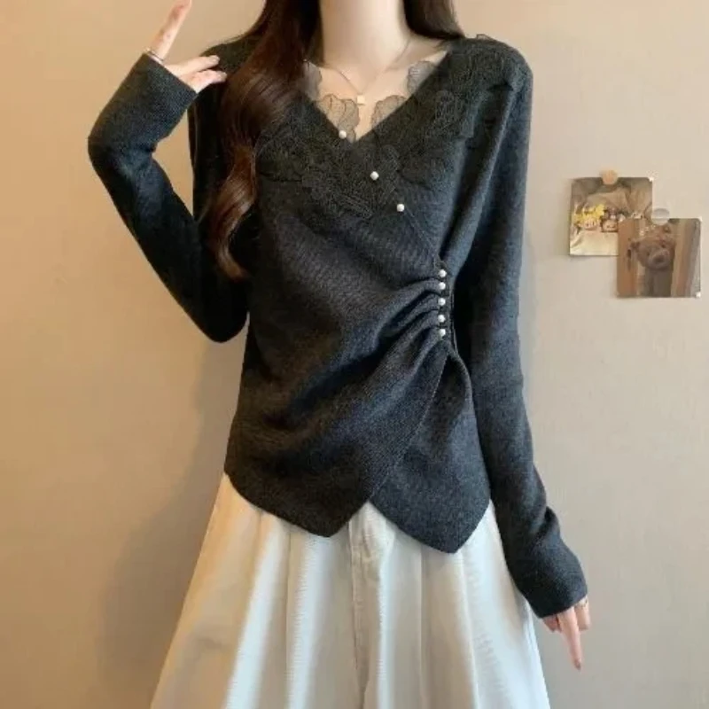 

V Neck Knit Top With Lace Detail And Pearl Buttons For Office Wear Elegant Fashion Style