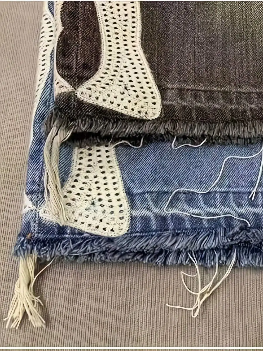 

Mens Ripped Denim Shorts With Crochet Patchwork Casual Summer Shorts