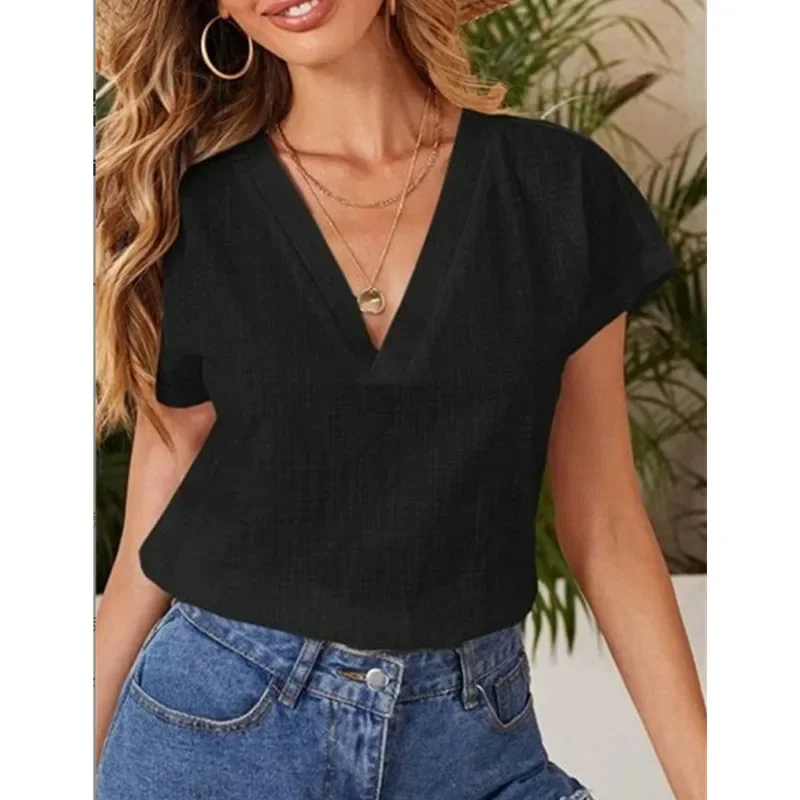 Women's Solid Casual Shirts & Blouses for Women 2024 Summer Vintage Fashion Elegant Youth Female Tops Blusas Para Mujer