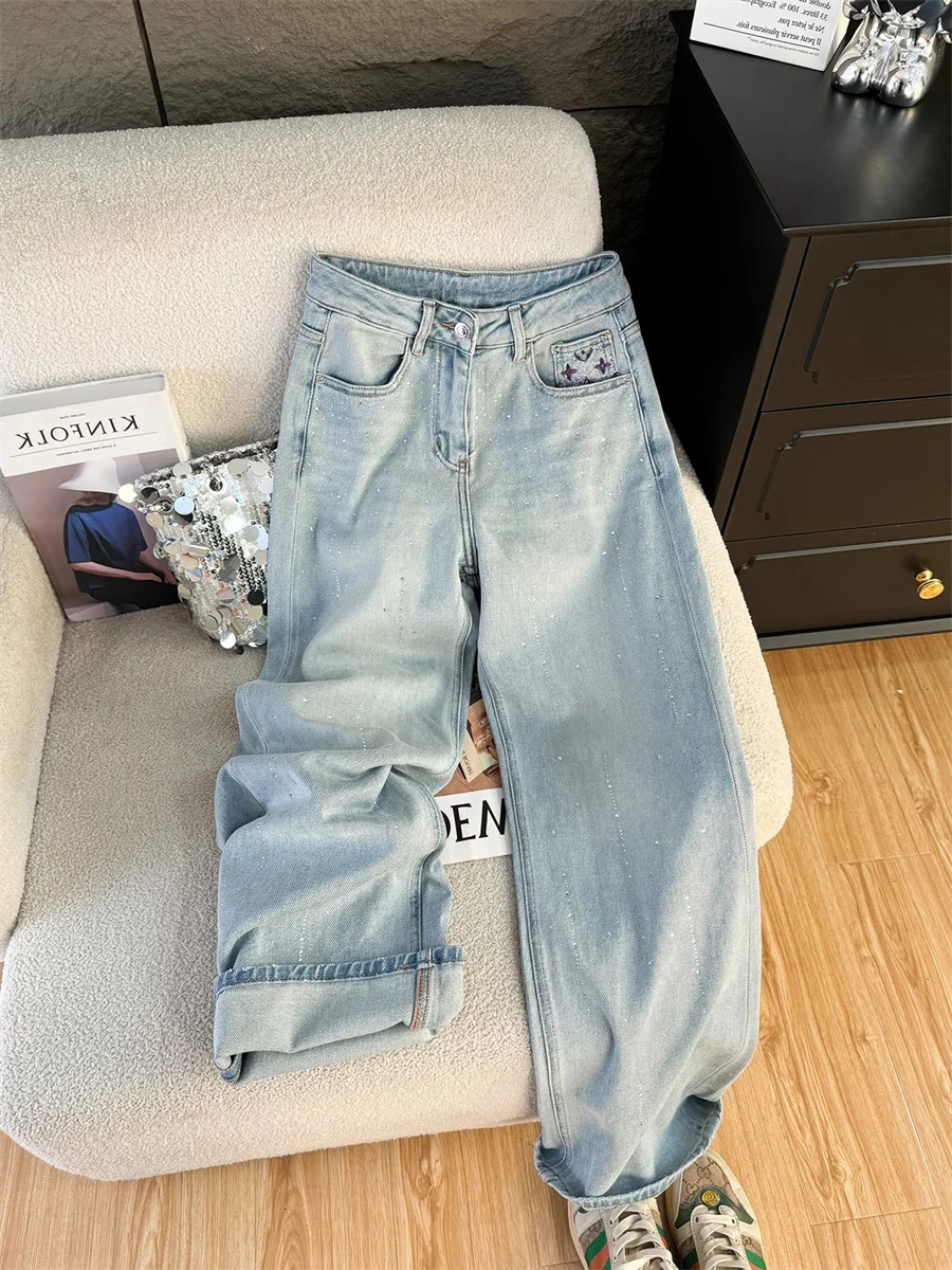 

US Sle Retro Light Blue Slim Straight High Waist Blue Jeans for Men And Women Casual Spring Faion Match Wide Leg Jean Pants