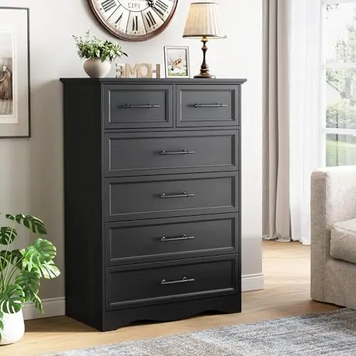 Black 6 Drawer Dresser for Bedroom, 44