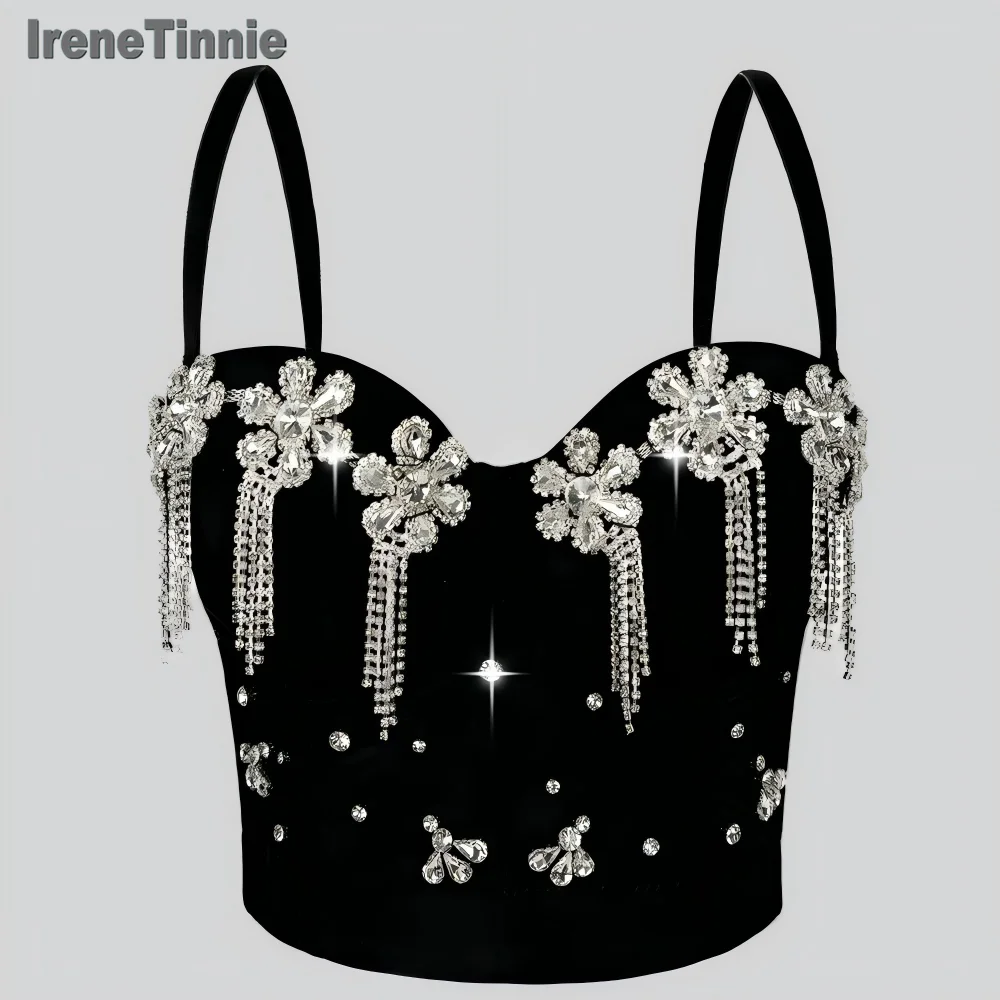 

IRENE TINNIE Y2K Rhinestone Tassel Chain Camisole Push Up Bustier Bra Female Party Short Tank Top Cropped Top Ropa De Mujer 2025
