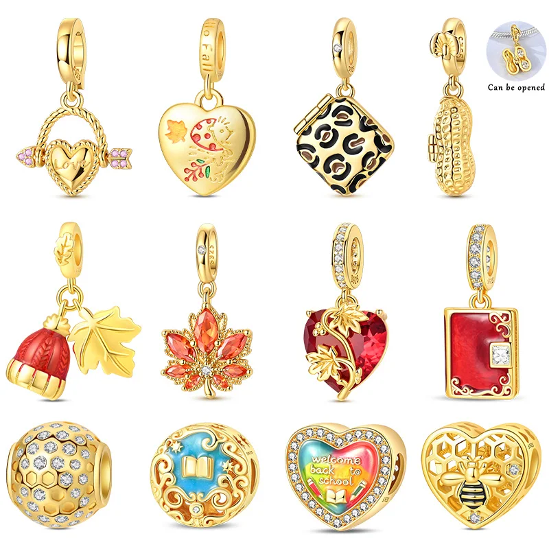925 Sterling Silver Golden Leopard Print Maple Leaf Bee Heart Charms Pendant For Women Fit Original Bracelet DIY Jewelry Gifts