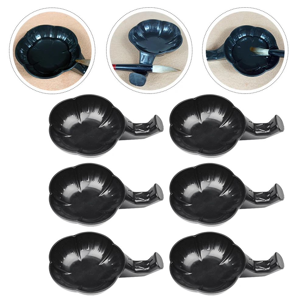 12pçs prato de tinta de caligrafia flor de ameixa, recipiente de tinta de plástico preto robusto para escrita, armazenamento de pincel de pintura, mesa fácil de limpar