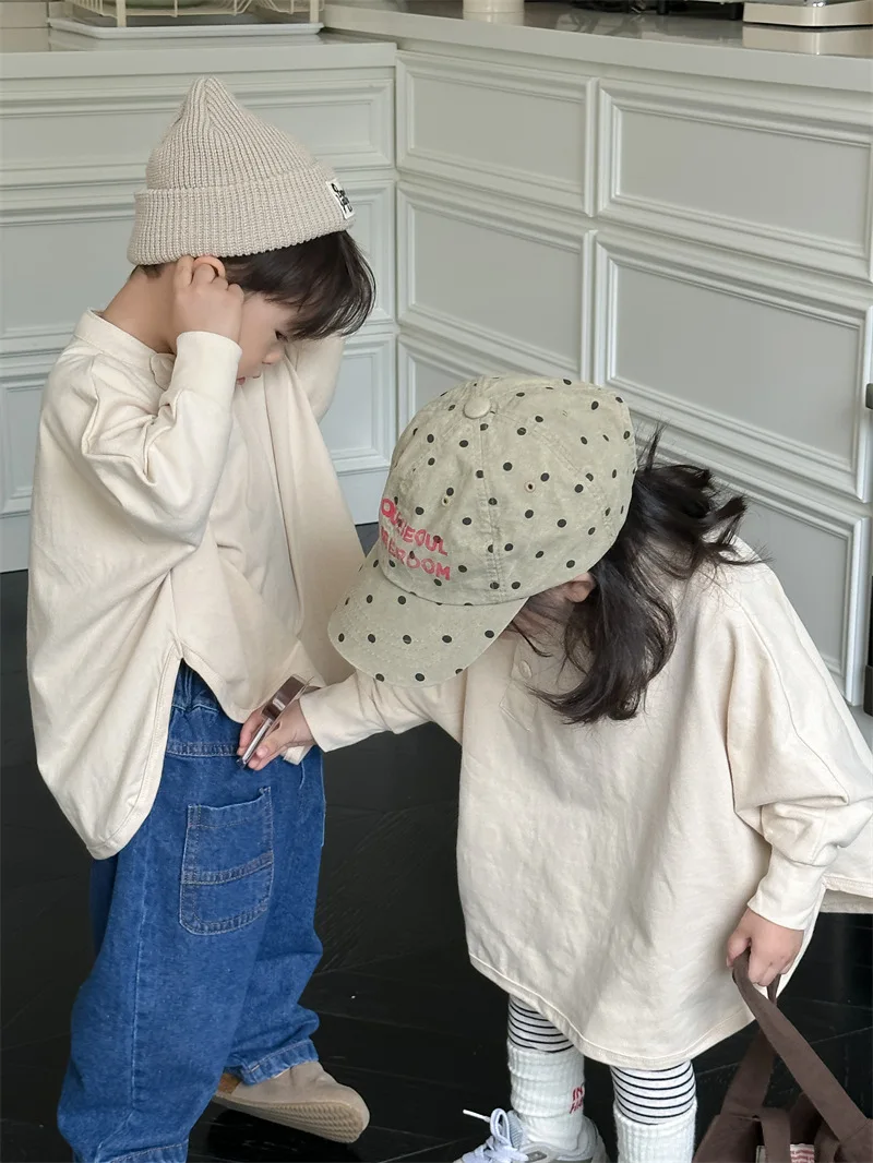 T-Shirts Spring Autumn New Children Japanese  Loose Fitting T-shirt Boys Girls Solid Color Long Sleeved Tops 2024 Simple