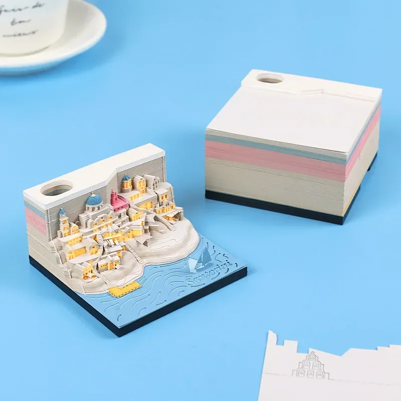 3D Memo Pad Santorini Beach Calendar Architecture Note Book with Light Creative Gift Paper Carving Note Paper Model Gift Box