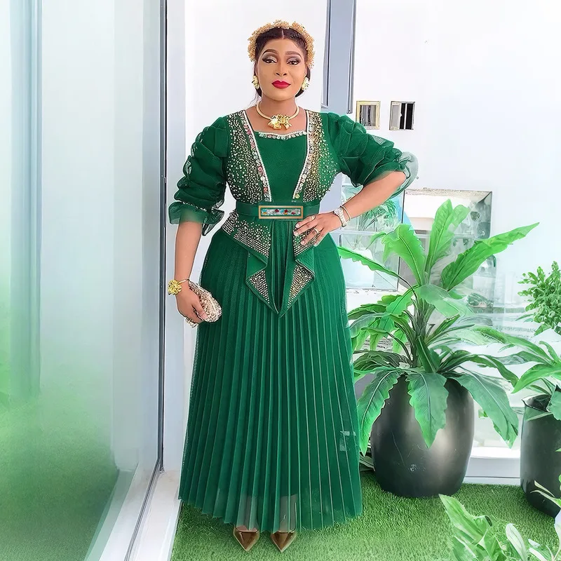 

New Arrival Women Plus Size Elegant Crystal Embellished Patchwork Pleated Maxi Dress Dubai Fashion Ladies Clothing