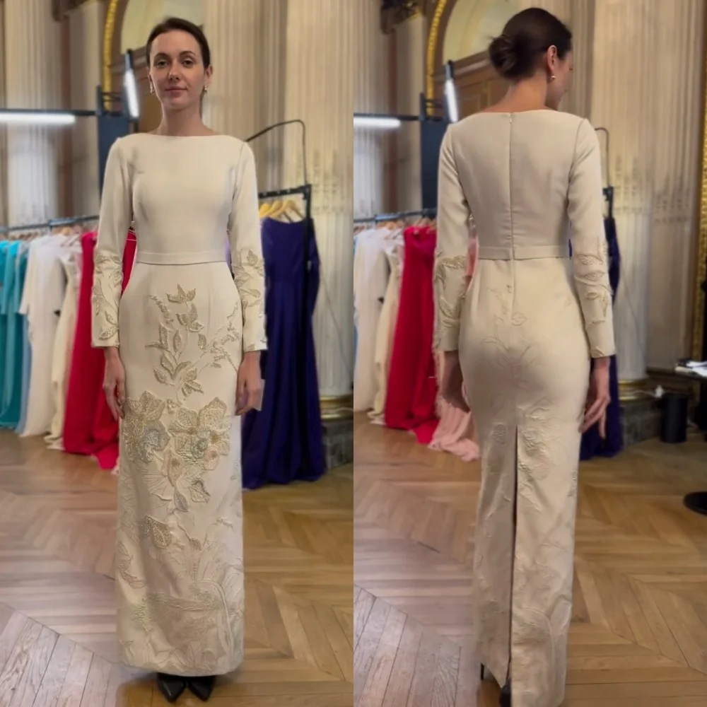 

Customized Jersey Flower Pattern Beading Straight O-Neck Midi Dresses Bespoke Occasion Classic Exquisite Formal