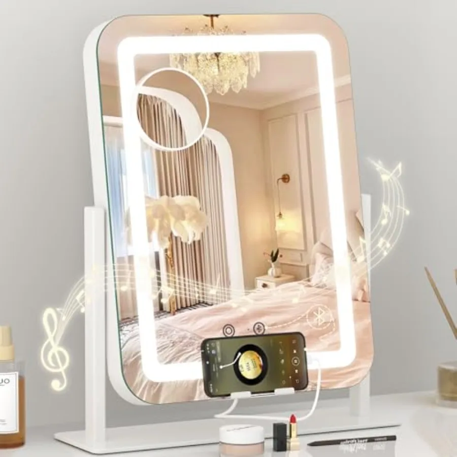 

5-in-1 Lighted Vanity Mirror with Bluetooth Speaker and, 15"x12" LED Makeup Mirror with Lights 3 Colors Dimmable, Phone Holder