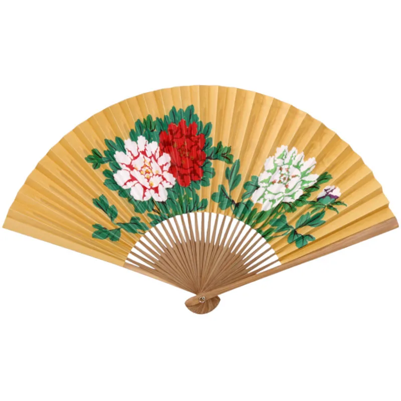 Women Retro Style Classical Peking Opera Fan Two-Sided Performance Dance Fan Peony Golden Paint Rice Paper Folding Fan Hand Fan