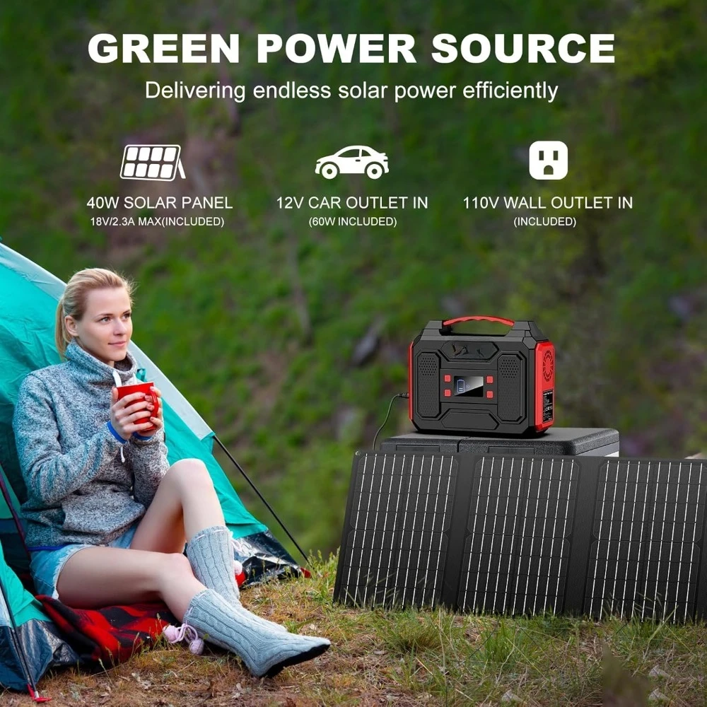 Popular - Solar Generator 300W, Portable Power Station with 40W Foldable Solar Panel, Big Power Bank with AC Outlet,