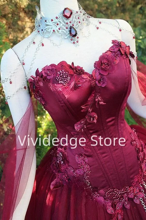 Vestidos de novia rojos góticos personalizados, capa con apliques florales en 3D, vestido de baile con corsé, vestidos de novia de talla grande