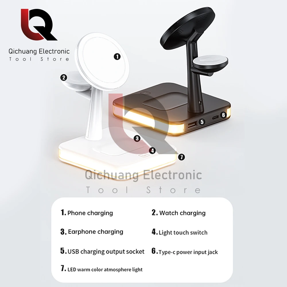 25W 4 in 1 Magnetic Wireless Charger Stand For iPhone 13/14/15 Smart Watch 8 7 6 5 Fast Charging Dock Station With LED Light