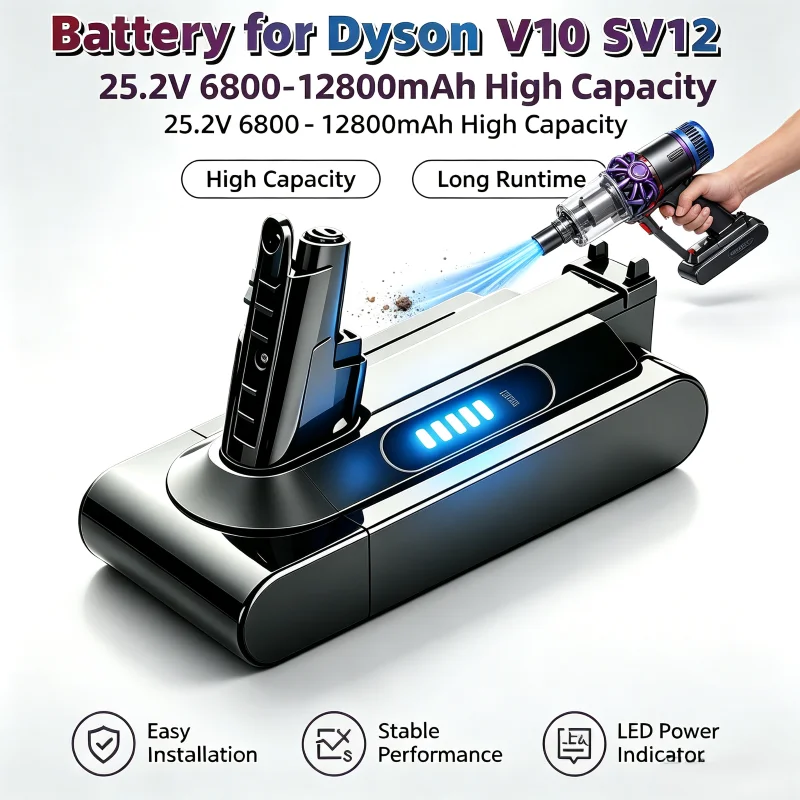 Image of 25,2V 6800-12800mAh Ersatzakku für Dyson V10 SV12 Staubsauger, Li-Ionen-Akku mit LED-Leistungsanzeige, einfach zu installieren