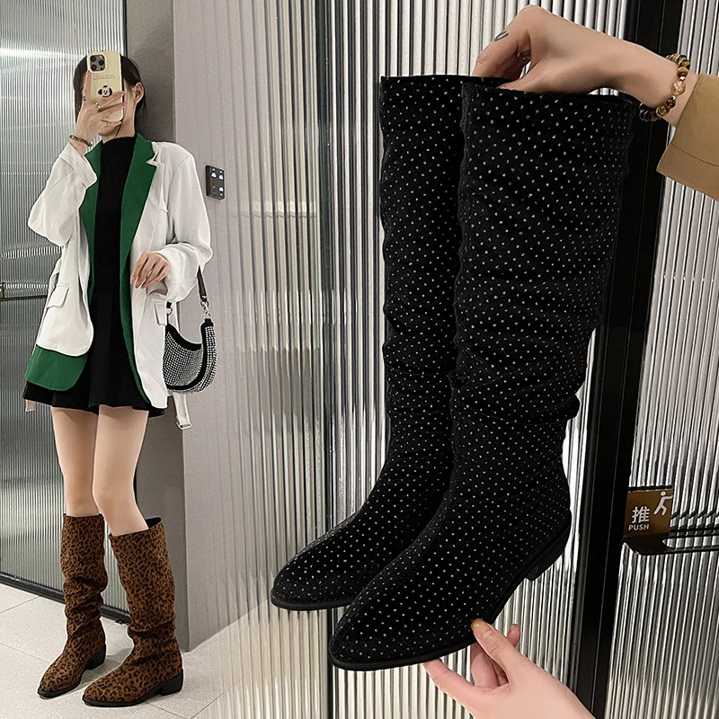 

Glitter Knee-High Boots Rhinestone Embellished Pointy Toe Thick with Sexy for Women Shoes Solid Color Stackable Leopard Print