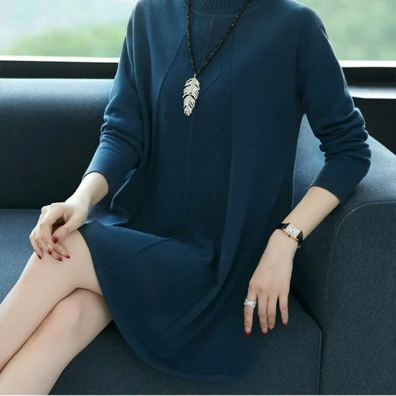 Autumn and Winter Women\'s Solid Color Half High Neck Long Sleeve Knitted Mid Length Underlay Fashion Formal Commuter Dress