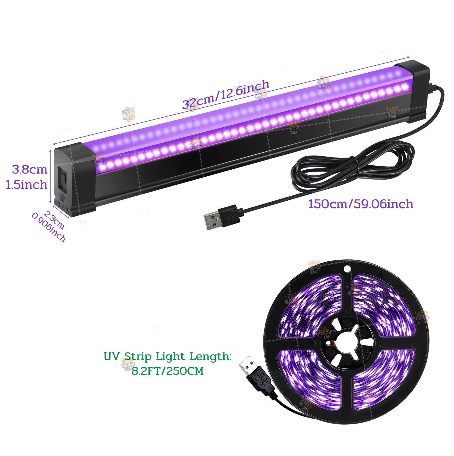 Juego combinado: tira de luz negra de 2,5 M/8,2 pies y barra de luz negra de 32 cm/12,6 pulgadas, para fiesta de neón brillante de Halloween, pintura fluorescente