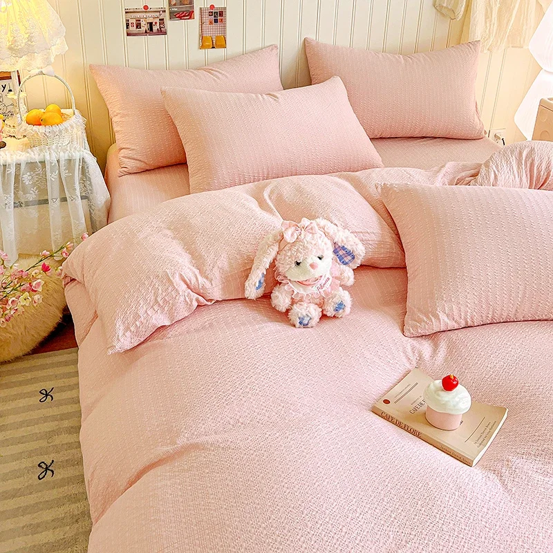 Korean Seersucker Duvet Cover Skin-Friendly Comfortable Candy Bedding Set 4/3/1 Pcs Ultra Soft Solid Single Double Quilt Covers