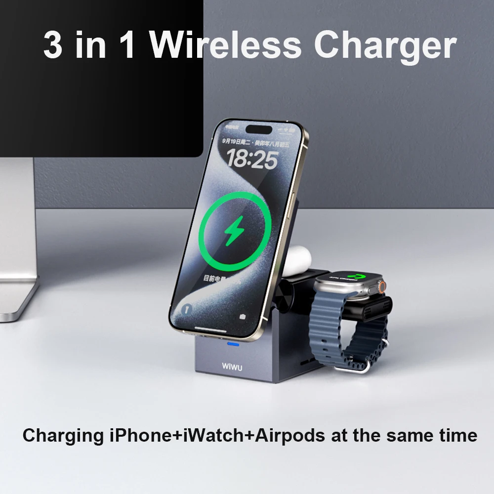 WiWU 3 in 1 Wireless Charger for iPhone 16 15 14 13 12 Universal Smart Charger for iWatch Earphone Mobile Phone Stand Charging - Image 2