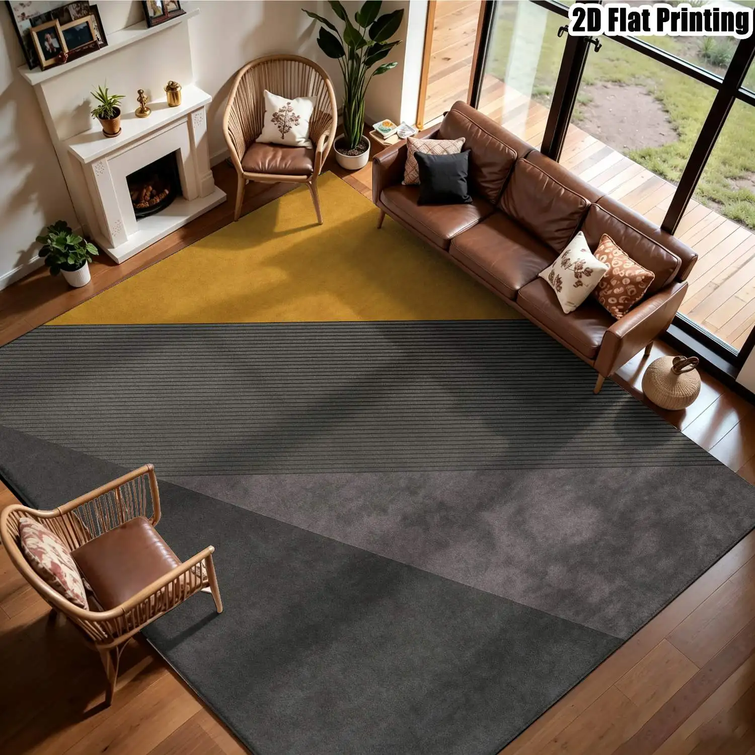1Pc 2D Printed Nordic-Style Carpet, Yellow-Grey Geometric Patchwork, Modern Minimalist Abstract Art Floor Mat, Instagram-Inspired, Machine Washable, Multi-Size, Home Decor for Entryway, Dining Room, Foyer, Bedroom, Living Room