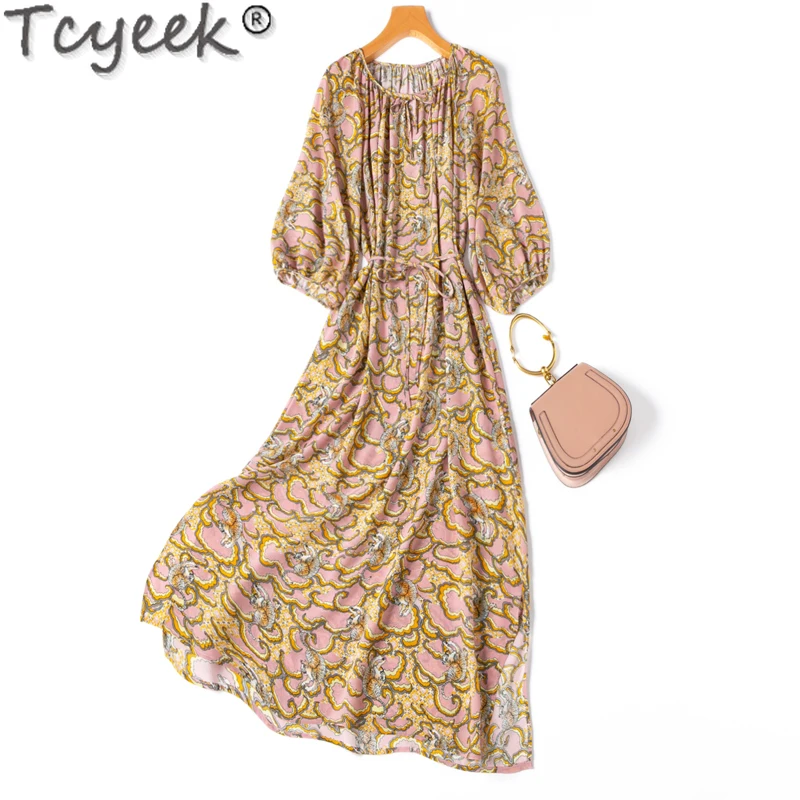 

Tcyeek 100% Mulberry Silk Beach Dress Long Dresses for Women Elegant Women's Dresses Summer Clothes Lace-up Vestidos De Mujer