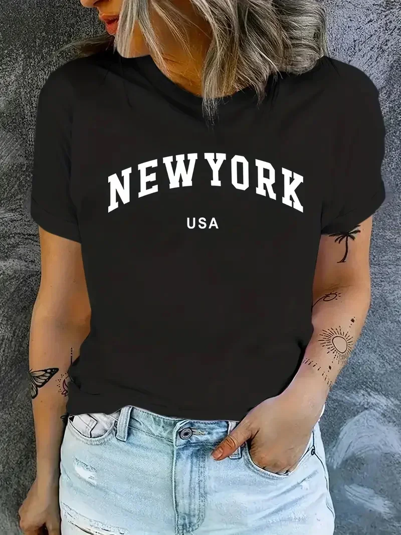 Women T Shirt Cartoon NEW YORK Letter Print Crew Neck Loose Top Tee Black T-shirt Female 90s Girls Graphic