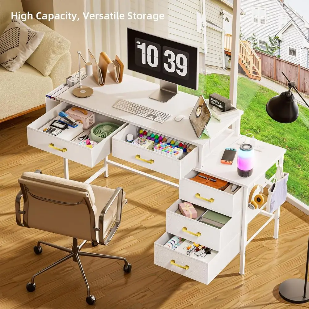 مكتب مكتب منزلي أبيض مع 5 أدراج، ومحطة شحن، وحامل طابعة للمساحات المدمجة