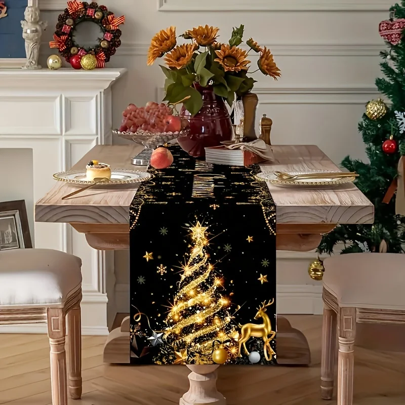 1pc Sparkly Christmas Table Runner with Golden Tree & Reindeer, Ideal Christmas Festival Gift for Adding Festive Glamour