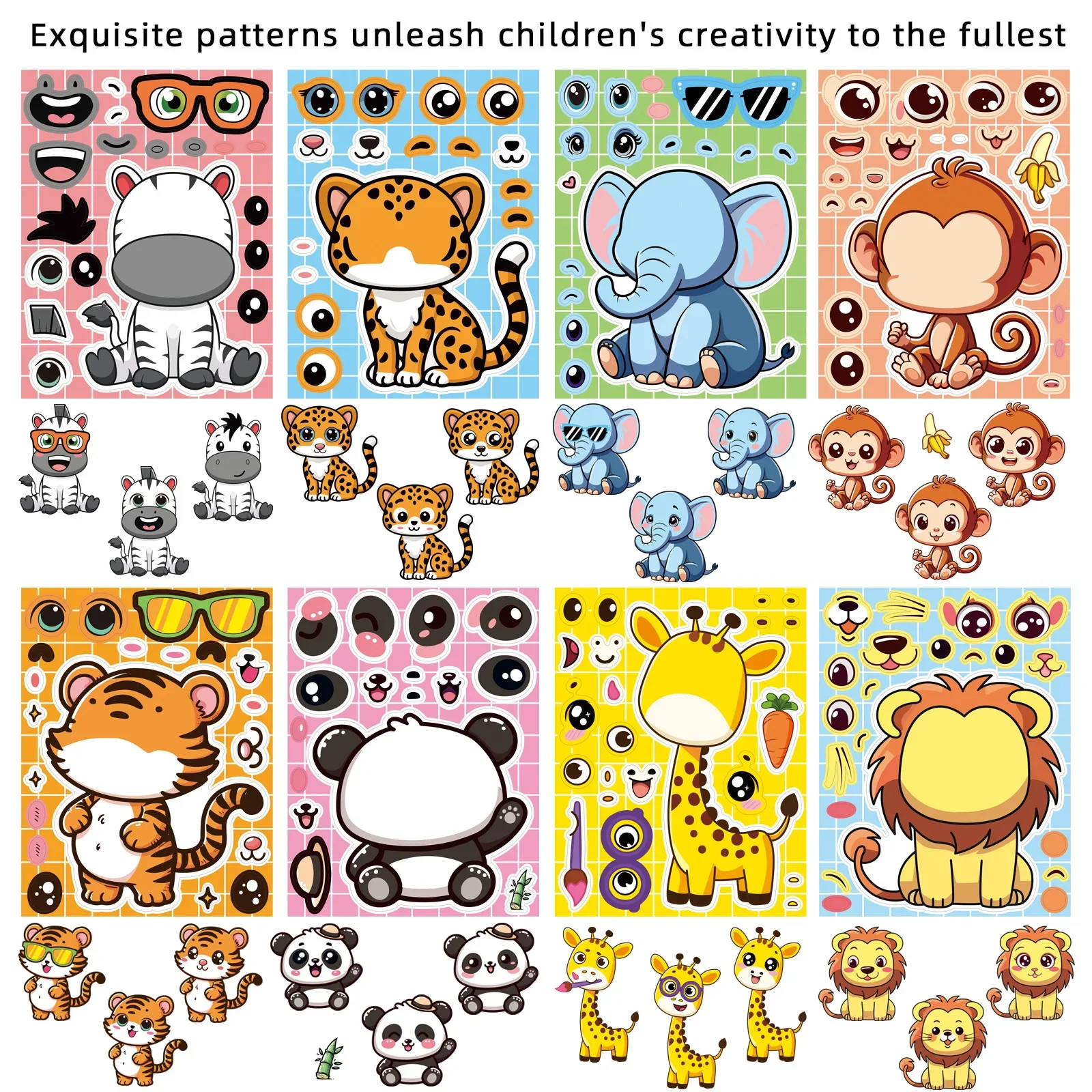 8 Sheets Cartoon Animal Puzzle Stickers Make a Face Cartoon Decals Stationery Notebook Phone Laptop Decoration Children Stickers
