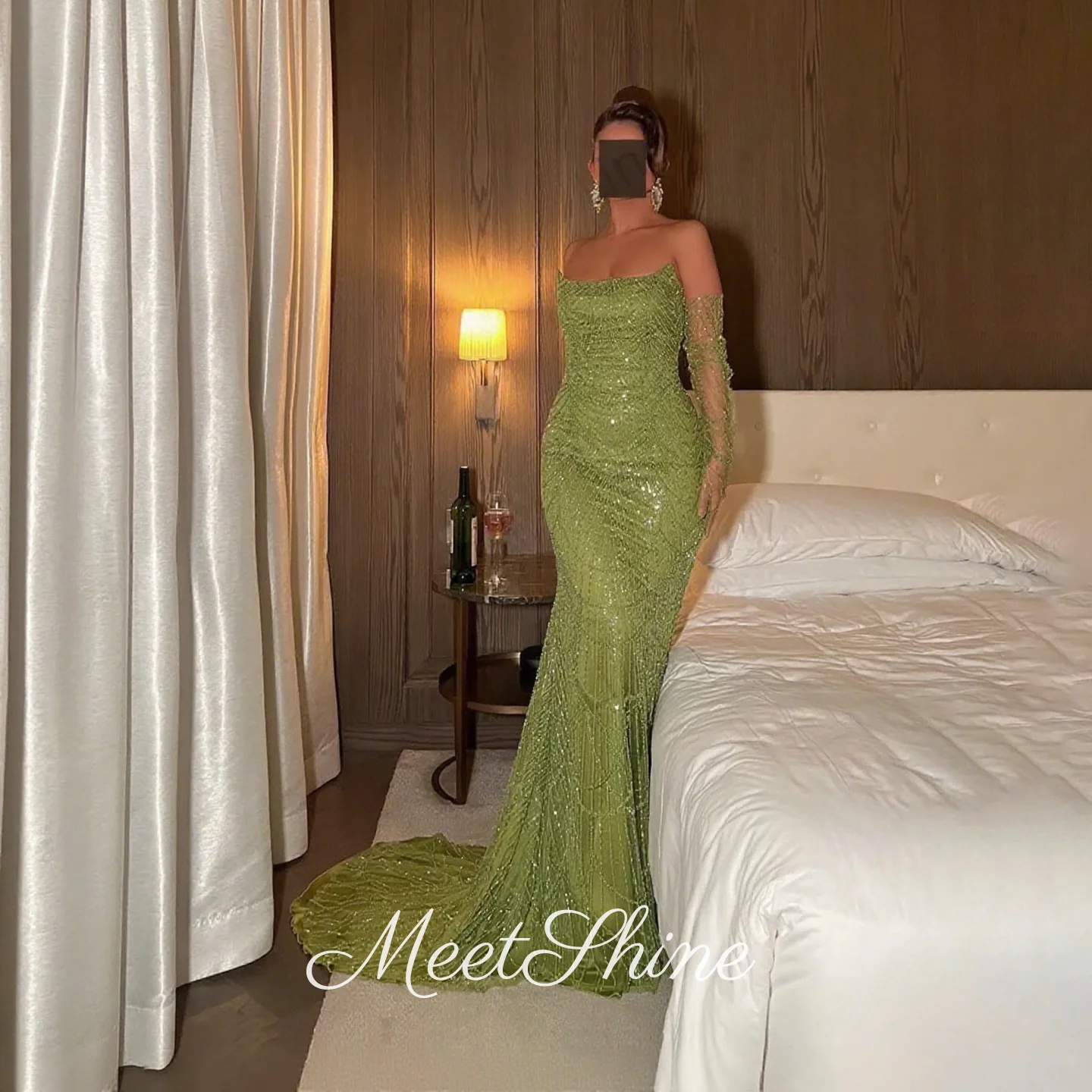 

Luxury Green Strapless Tulle Mermaid Prom Sparkly Pearls Tassel with Gloves Evening Dress Formal Wedding Party Dress Customized