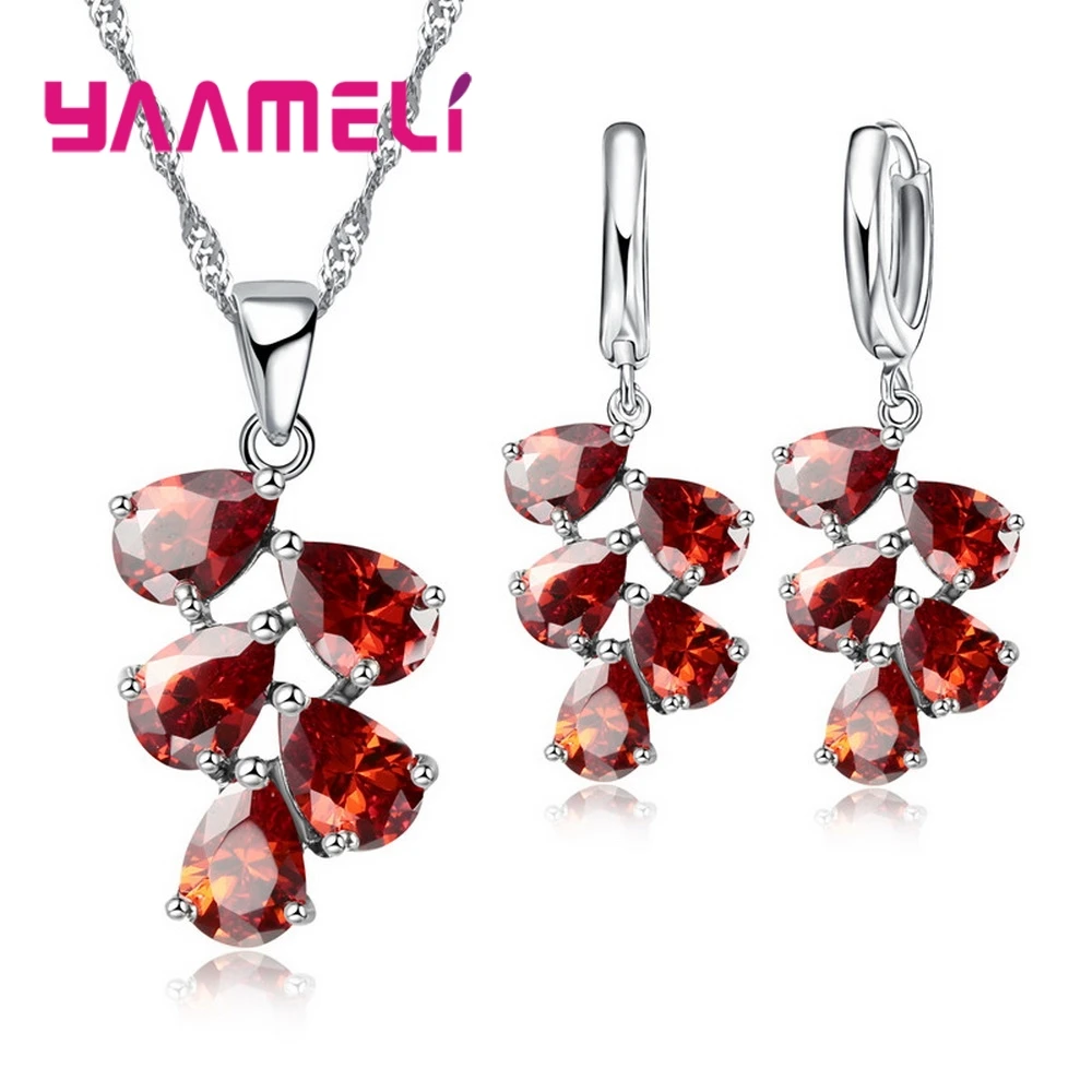 Anniversary Gift For Women Trendy 925 Sterling Silver Color Jewelry Sets Cubic Zirconia Pendants Necklaces Charm Hoop Earrings