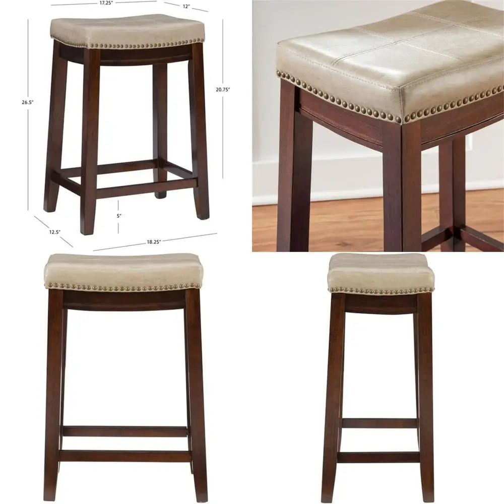 

Beige Faux Leather Backless Counter Stool with Wooden Legs in Brown