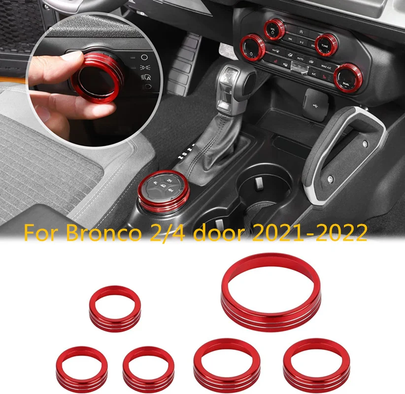 

6pcs/set Car Center Console Control Switch Knob Cover Trim Ring Red Black Oranger For Ford Bronco 2Door/4Door 2021 2022 2023