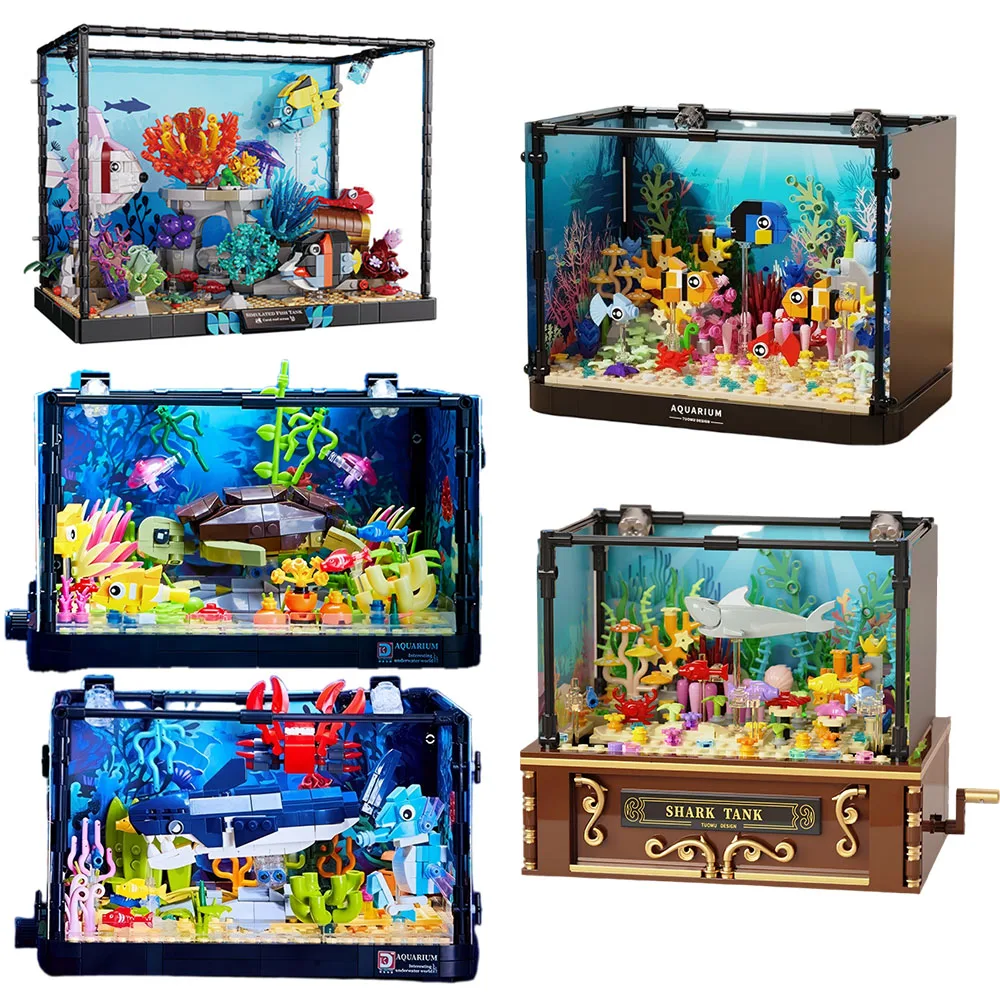 moc-水槽モデル-led-ビルディングブロックサメクラゲウミガメ水族館海洋愛好家デスクトップ装飾レンガおもちゃギフト