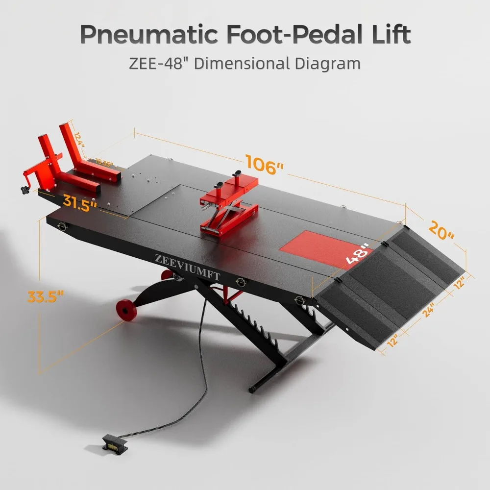 1500 LB Motorcycle Lift Table, Heavy Duty Air/Hydraulic ATV Lift with Side Extensions, 48