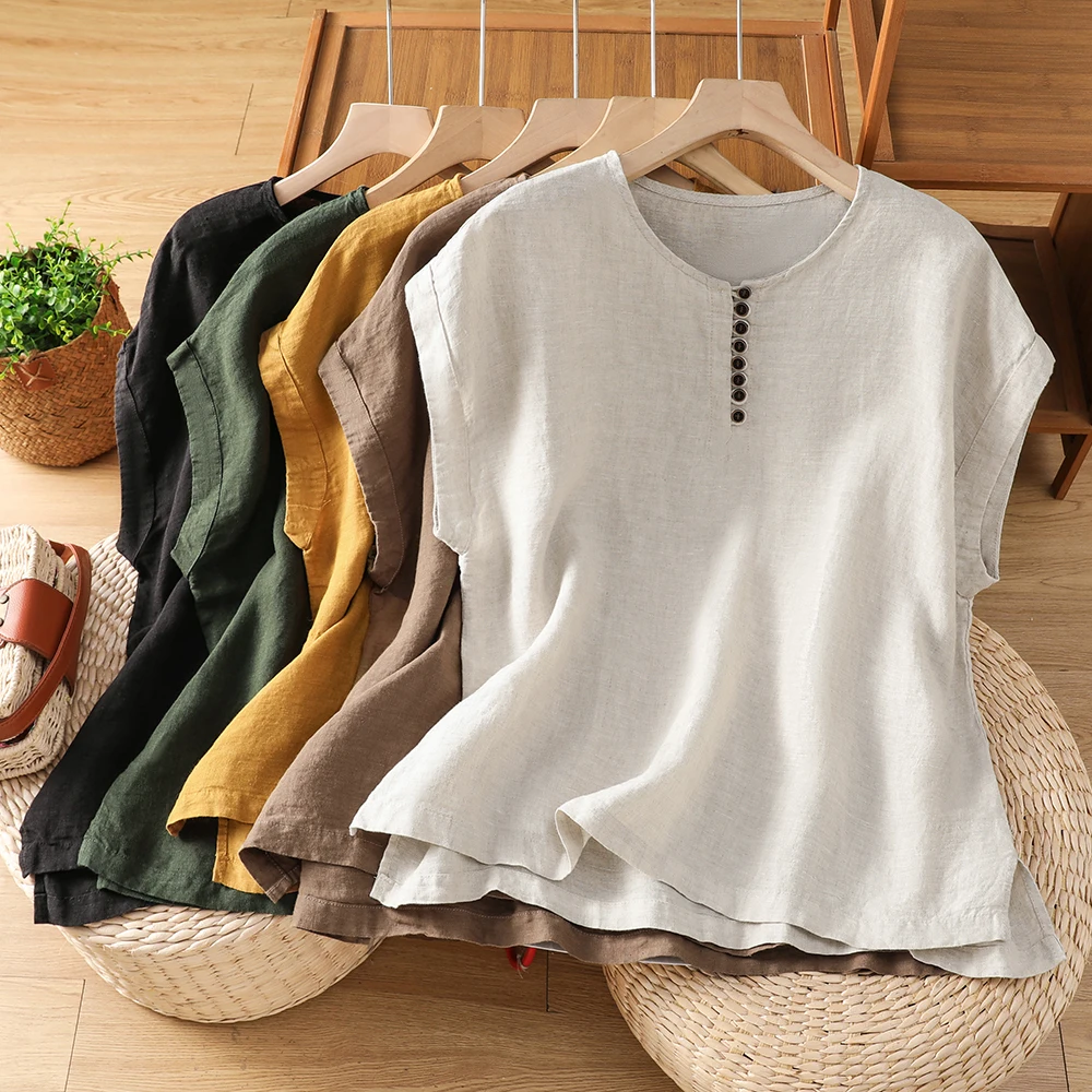 

Loose Cotton Linen Base Shirt round Neck Overhead T-Shirt Women's Summer New Style Artistic Commute Style Short Sleeve Top
