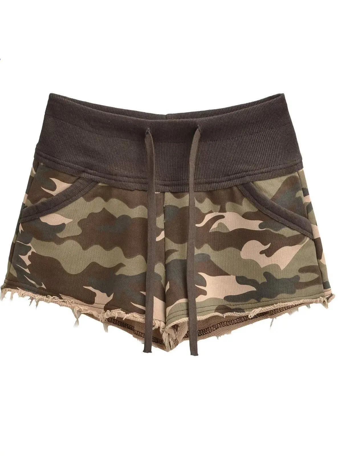 

Модные камуфляжные шорты Zhilu с эффектом потертости и необработанным краем, А-силуэт, узкие, с широкими штанинами, на шнурке, в корейском стиле, для повседневной носки