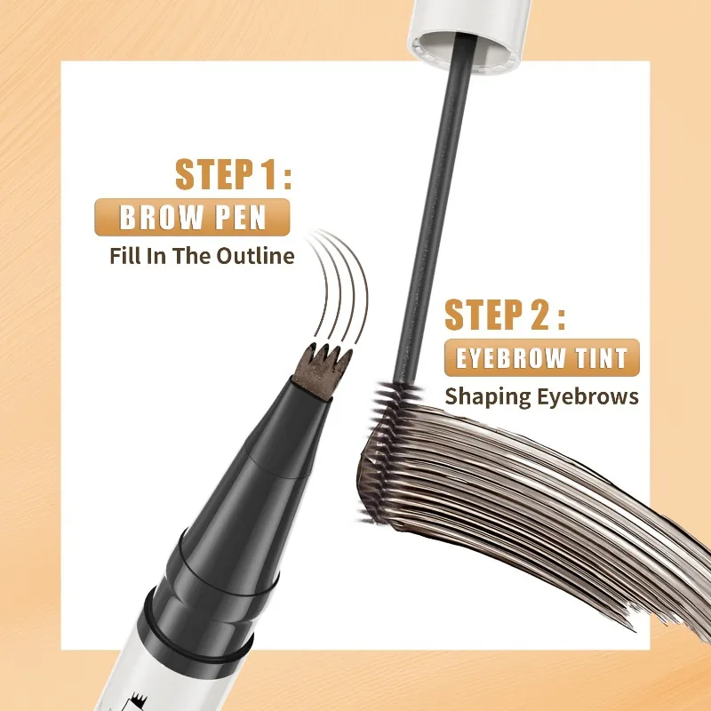 Caneta e matiz de sobrancelha 2 em 1, ponta dupla, 4 garfos, à prova d'água, secagem rápida, cria traços de cabelo, maquiagem de sobrancelha natural e elegante, 1 peça