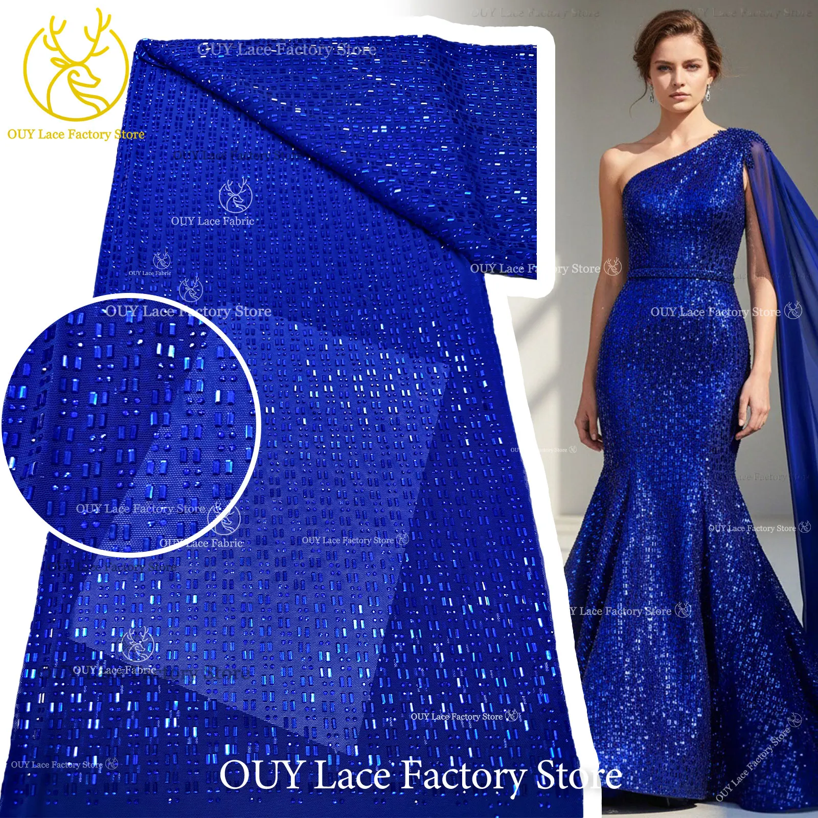 Royal Blue Austrian Glass Diamond Stretch Lace Fabric Royal Luxury French Tulle African Lace Fabric Sewing Bridal Wedding Dress